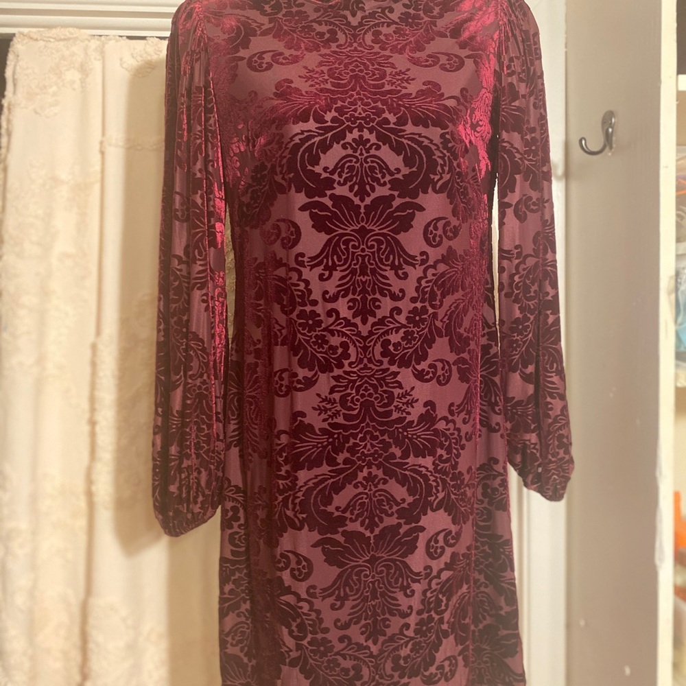 Wine Velvet Patterned Dress Vince Camuto